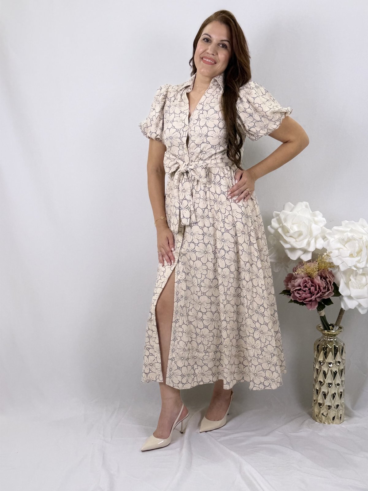 Puff Sleeve Belted Button Front Shirt Midi Dress