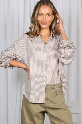Charming Ruffle Detailed Striped Blouse Brown — view 1