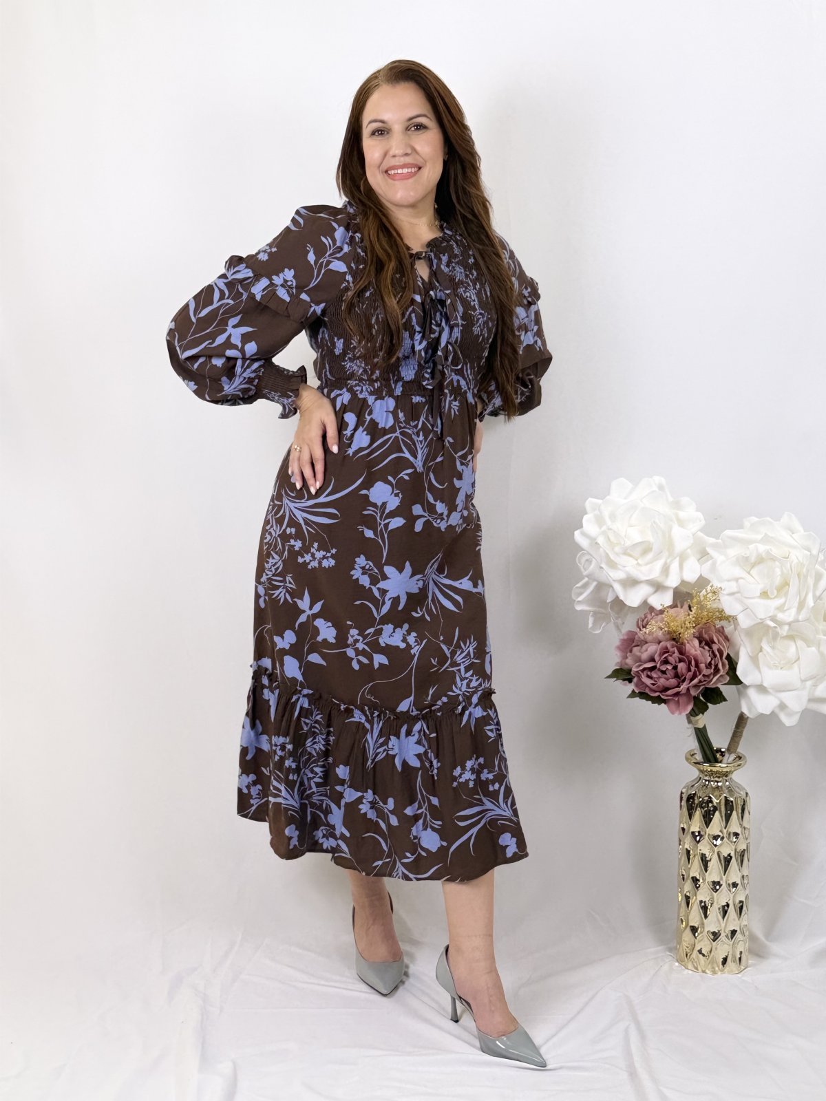 Brown Blue Midi Dress