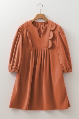 Bracelete Sleeve Split Neck Pleated Cordoroy Mini Dress — view 3