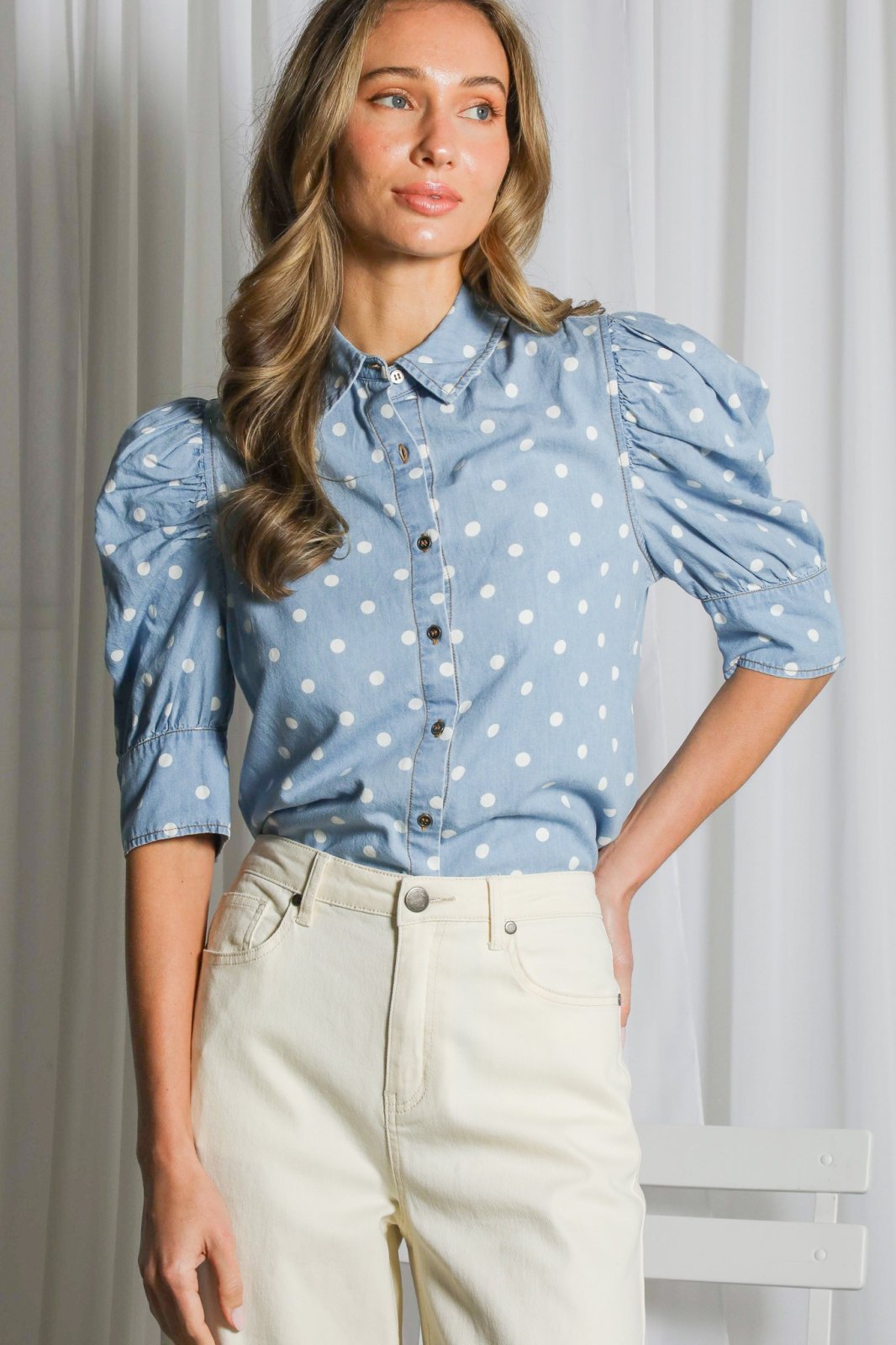 Short Puff Sleeve Chambray Polka Dot Printed Shirt