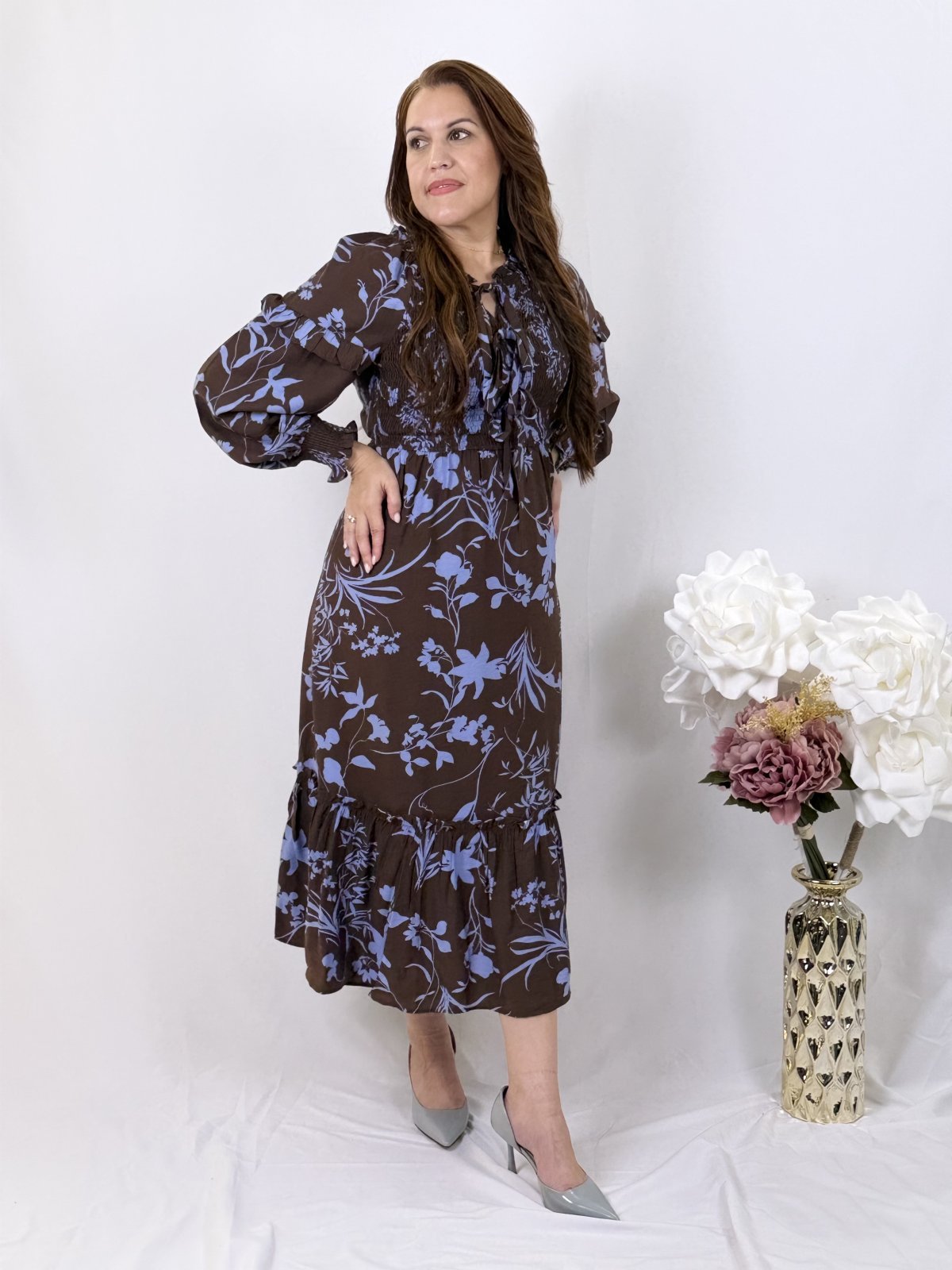 Brown Blue Midi Dress