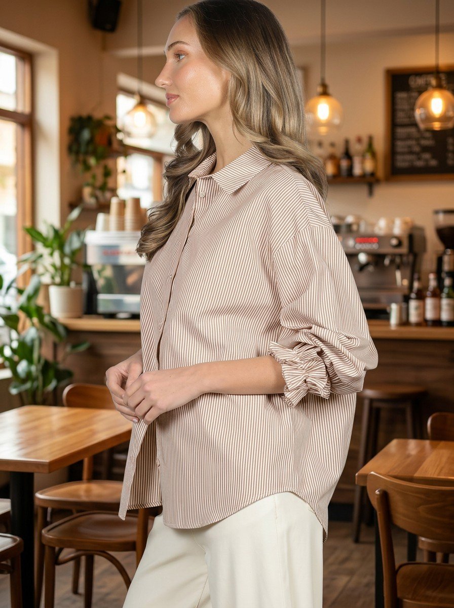 Charming Ruffle Detailed Striped Blouse Brown